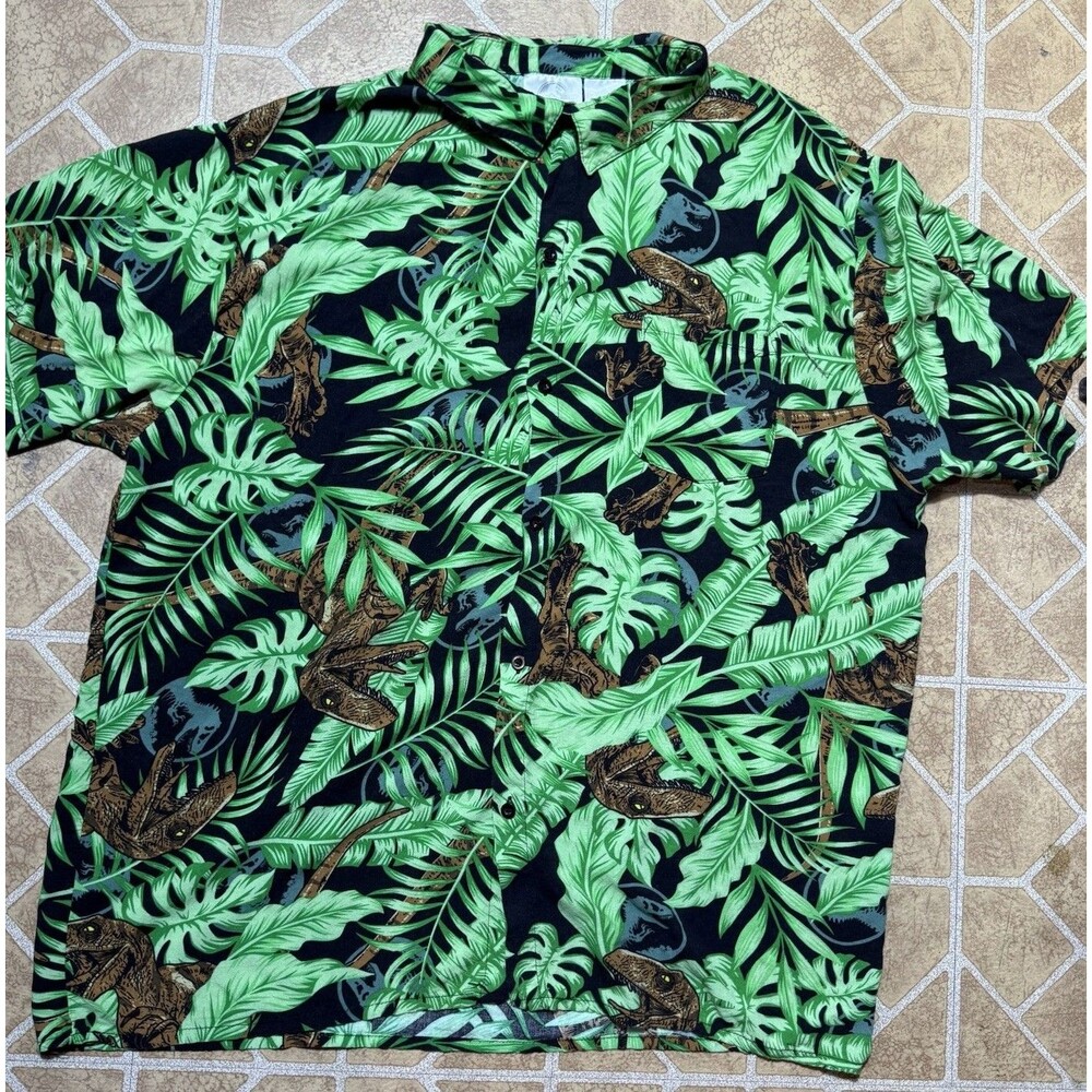 Jurassic World Hawaiian Shirt Mens 2XL Button Up Dinosaurs Tropical Leaf Print